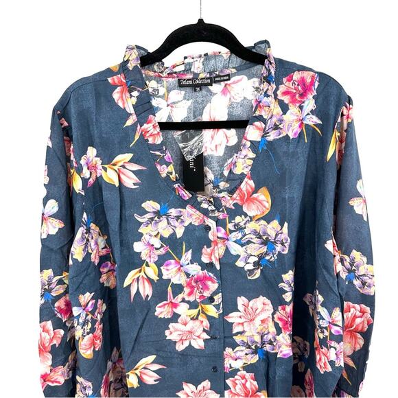Tolani Collection ruffle collar blue floral button down blouse Size 3X - Picture 2 of 11